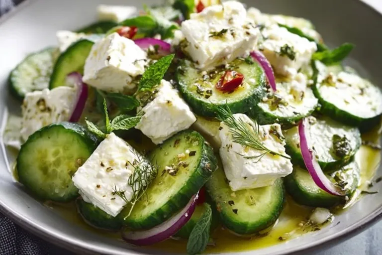 Cucumber Feta Salad with Lemon Greek Vinaigrette served in a bowl