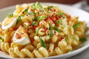 A bowl of deviled egg pasta salad garnished with herbs and spices.