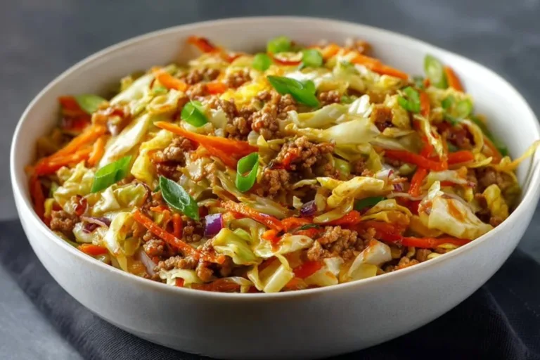 Bowl of delicious egg roll ingredients served with chopsticks
