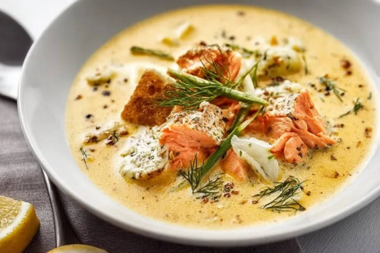 A bowl of Finnish Salmon Soup garnished with dill and potatoes.