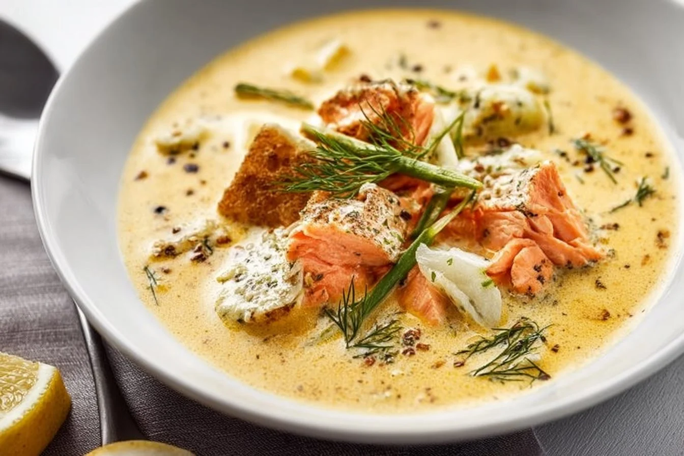 Finnish Salmon Soup Finnish Salmon Soup A bowl of Finnish Salmon Soup garnished with dill and potatoes.