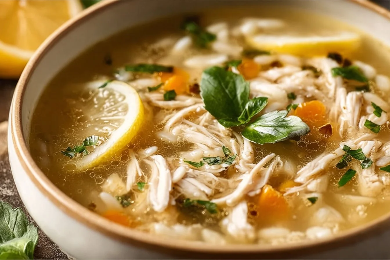 Greek Lemon Chicken Soup Lemon Chicken Soup Bowl of Greek Lemon Chicken Soup garnished with lemon and herbs