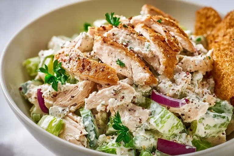 Greek yogurt rotisserie chicken salad served in a bowl, garnished with herbs.