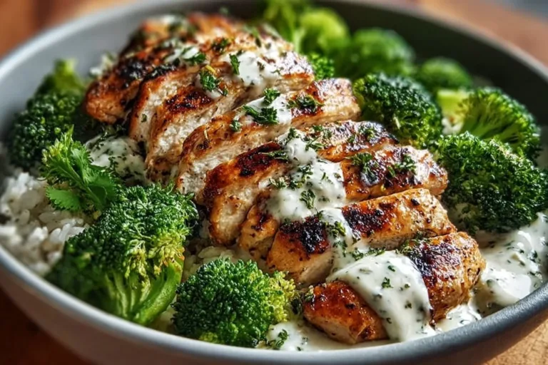 Grilled Chicken and Broccoli Bowls with Creamy Garlic Sauce Chicken Caesar Grilled chicken and broccoli bowls topped with creamy garlic sauce ready to eat