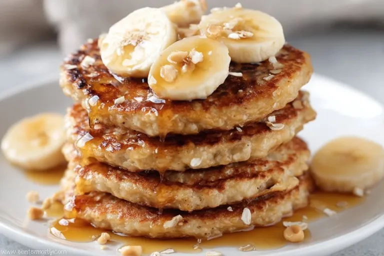 Healthy Banana Oatmeal Pancakes (Quick & Easy!) potato cakes Healthy banana oatmeal pancakes stacked on a plate with fresh bananas