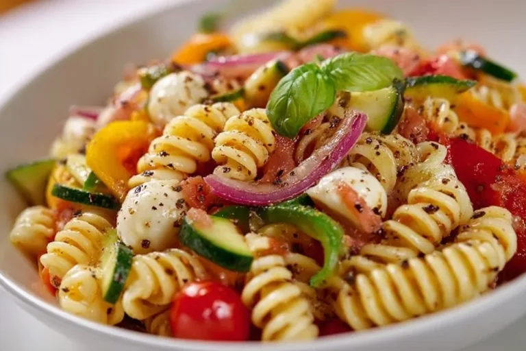 Healthy Pasta Salad street corn pasta salad Colorful healthy pasta salad with fresh vegetables and dressing in a bowl