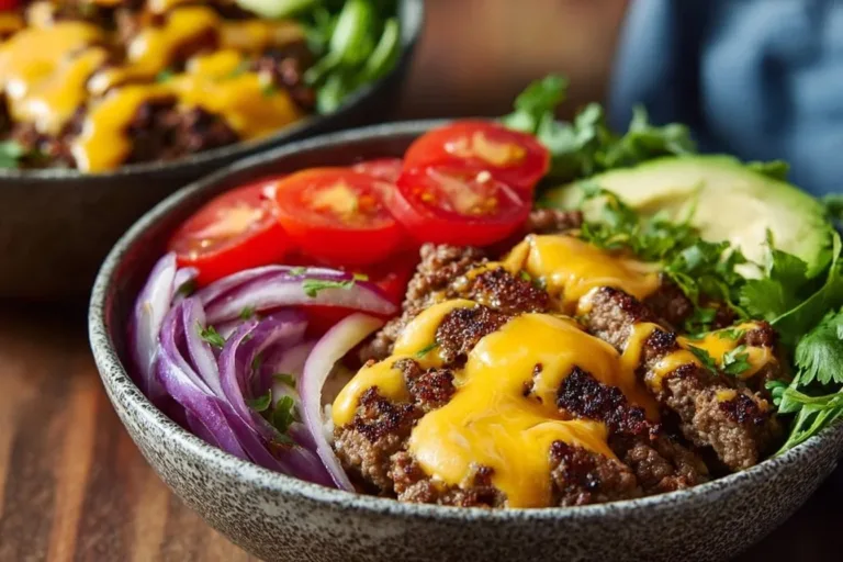Delicious high-protein cheeseburger bowls with fresh ingredients and toppings