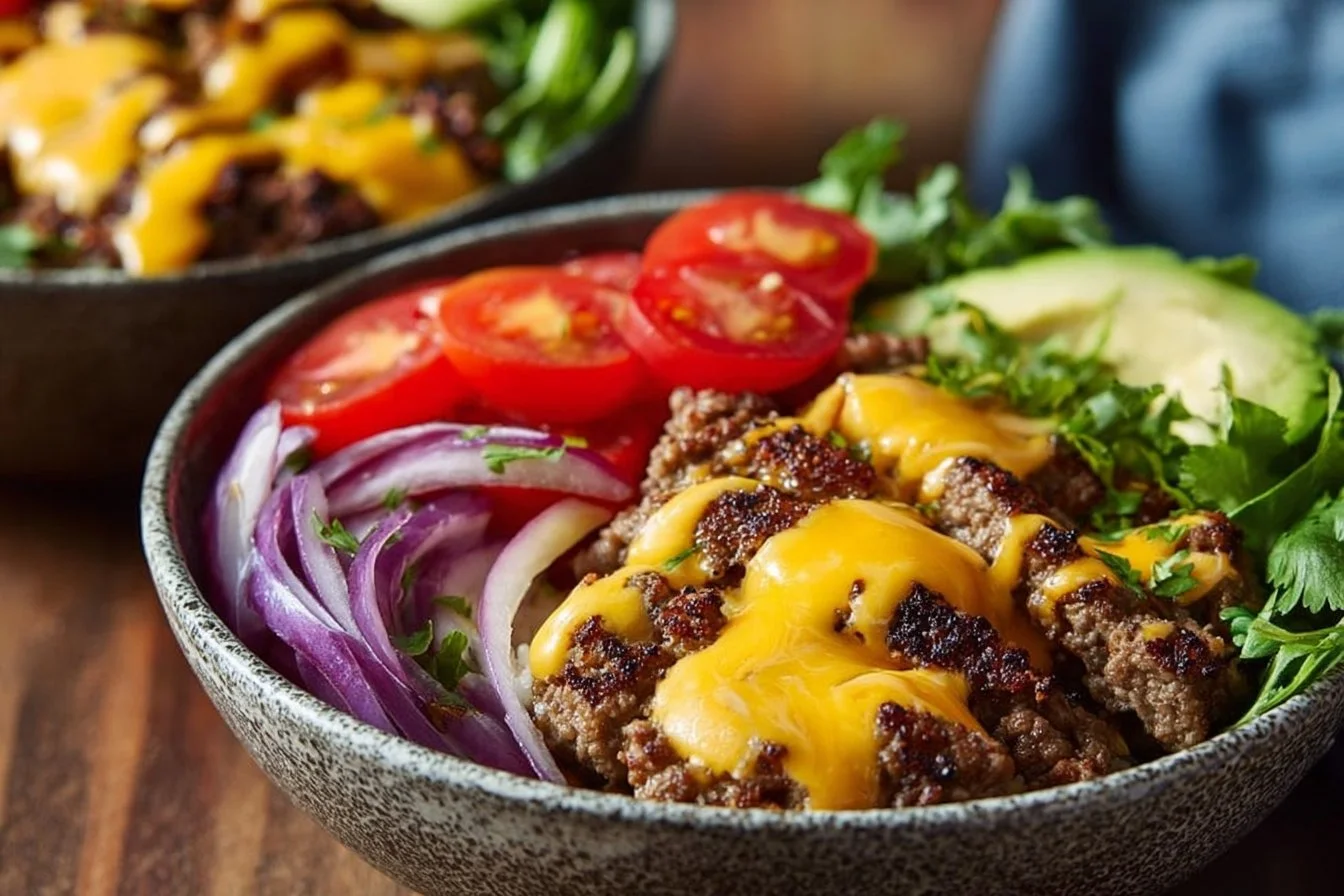 High-Protein Cheeseburger Bowls cheeseburger bowls Delicious high-protein cheeseburger bowls with fresh ingredients and toppings