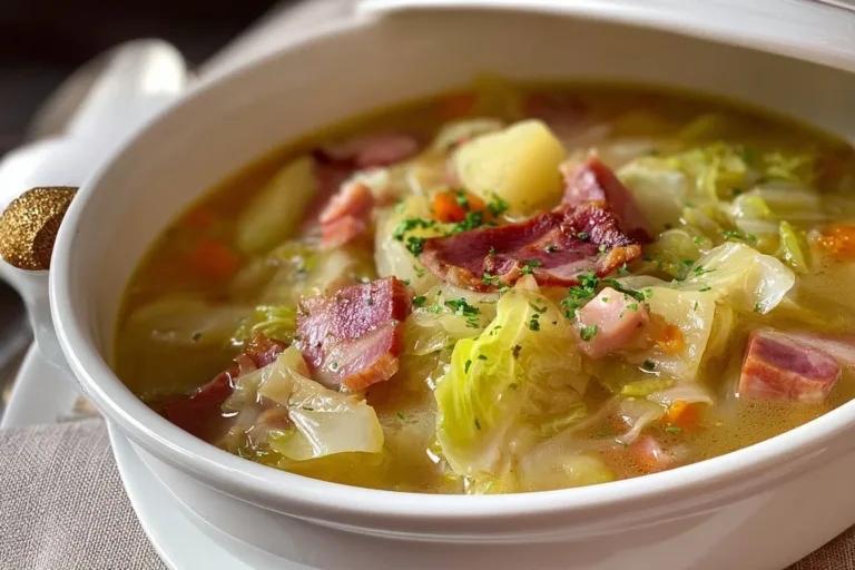 Bowl of Irish bacon cabbage potato soup with herbs and bread.