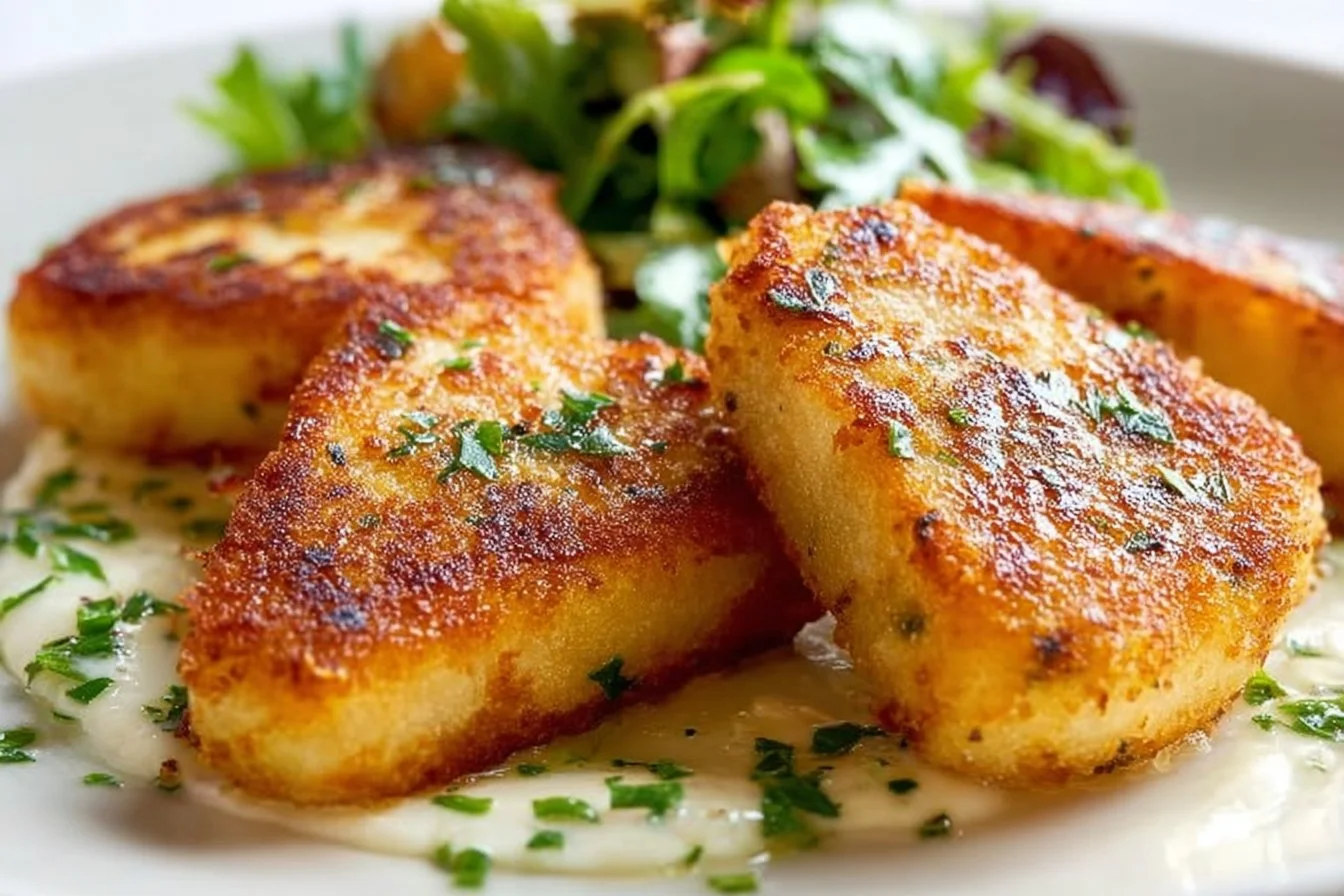 Irish Potato Cakes potato cakes Delicious Irish potato cakes served with a side of fresh herbs.