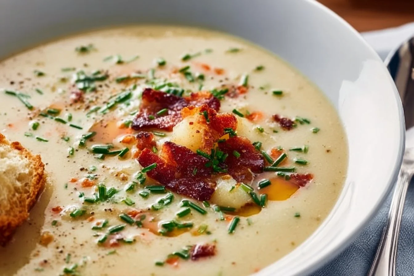 Irish Potato Soup potato soup Bowl of creamy Irish potato soup topped with chives and served with crusty bread.