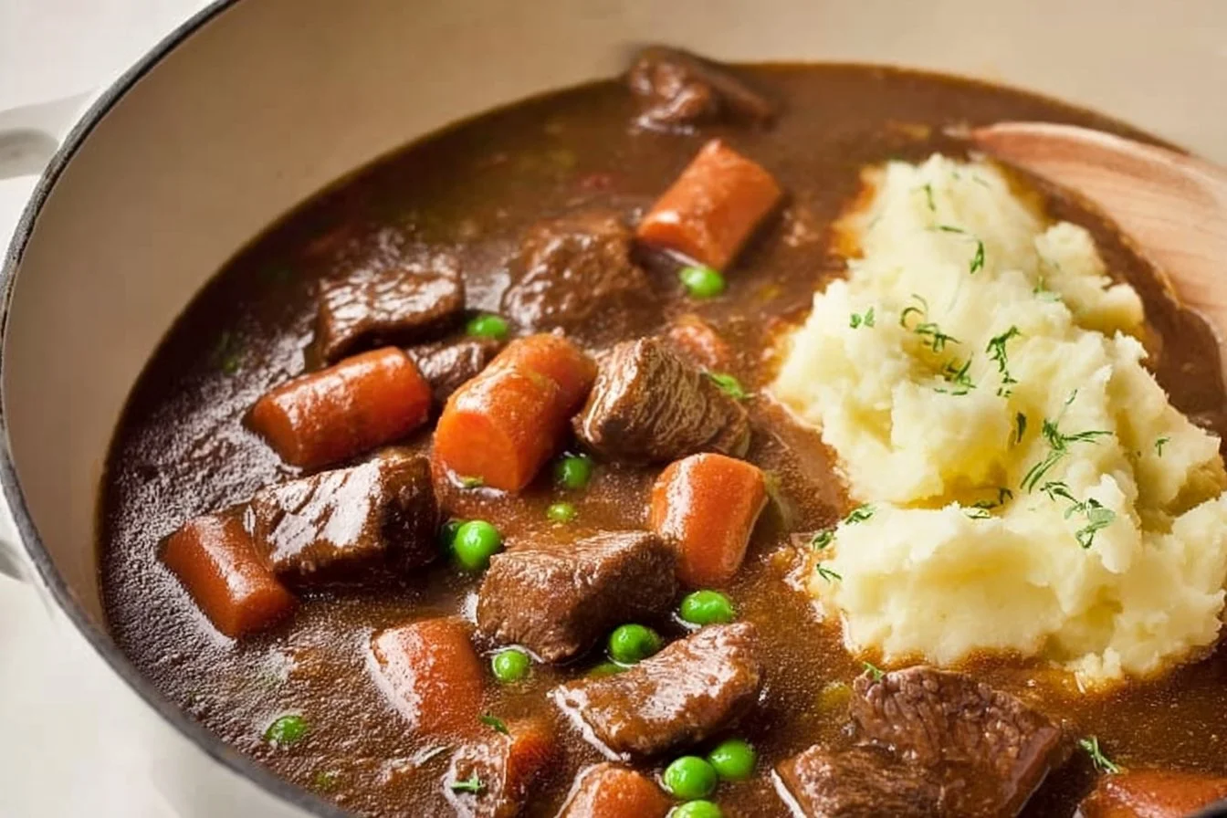 Irish Stew With Mashed Potatoes Irish stew Delicious Irish stew served with creamy mashed potatoes on a plate
