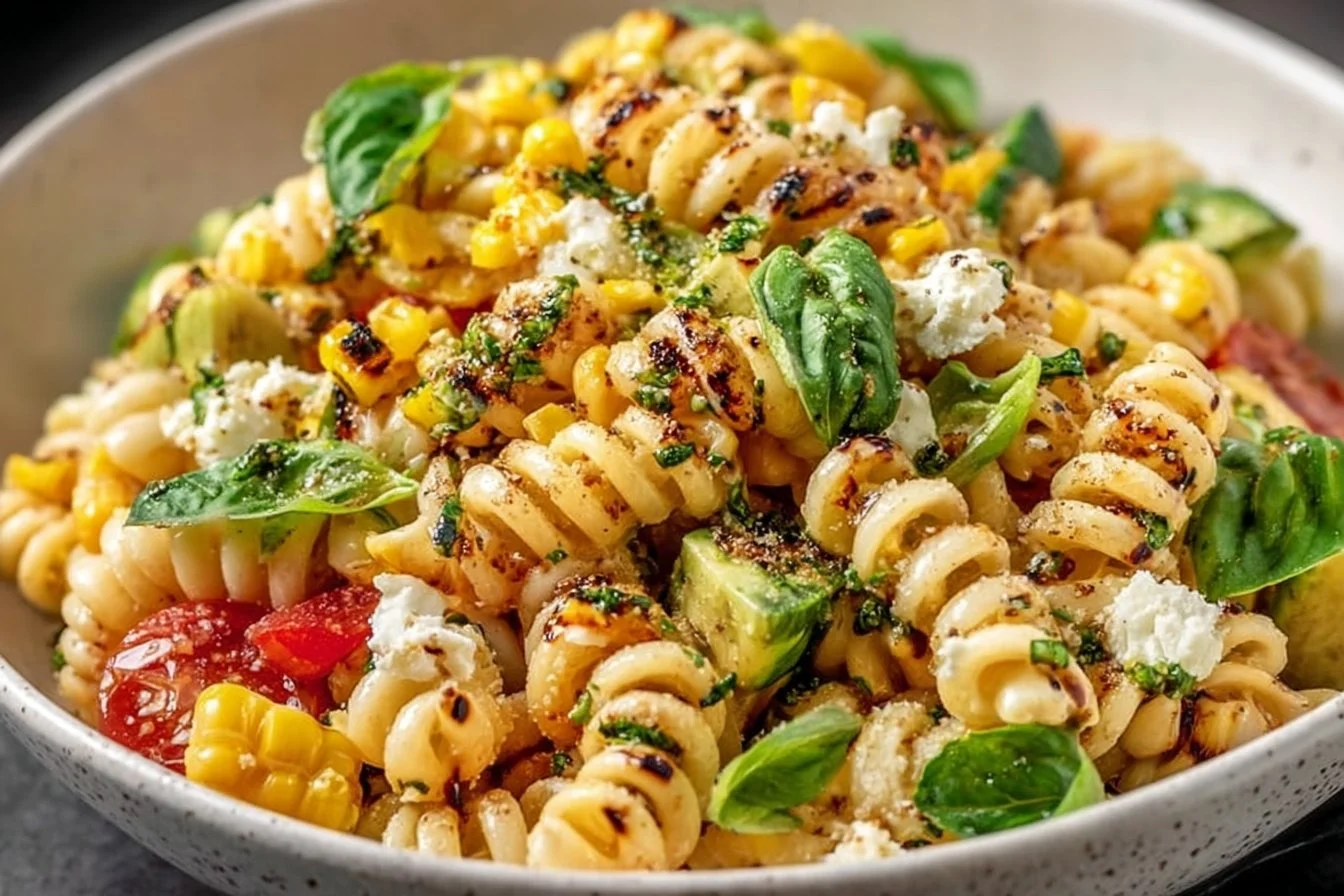 Juicy Street Corn Pasta Salad street corn pasta salad A colorful bowl of Juicy Street Corn Pasta Salad featuring corn, pasta, and fresh herbs.