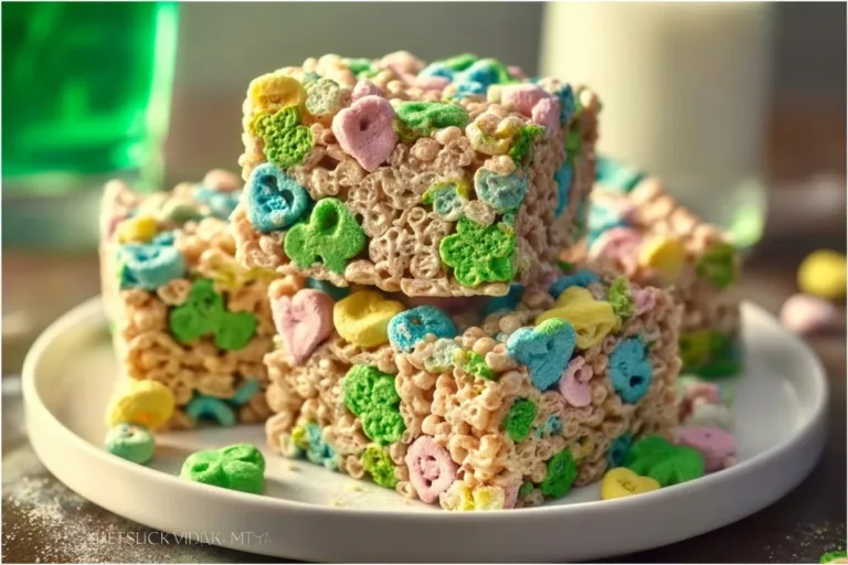 Lucky Charms Rice Krispie Treats blueberry yogurt bites Lucky Charms Rice Krispie Treats with colorful marshmallows on a plate