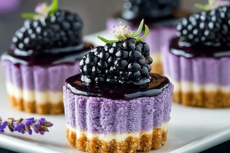 Mini Blackberry Lavender Cheesecakes Cranberry Pistachio Shortbread Mini blackberry lavender cheesecakes on a white plate garnished with fresh berries
