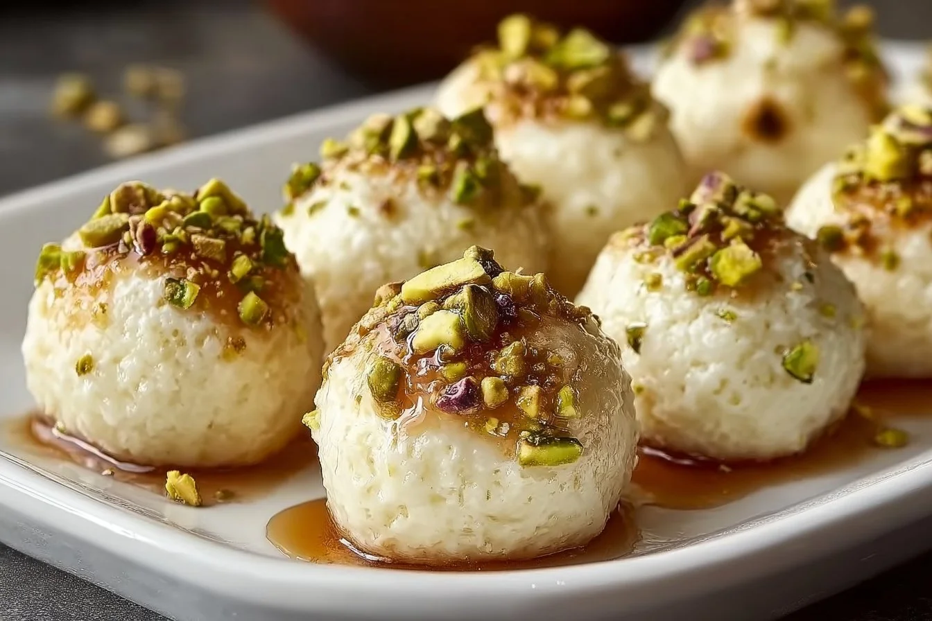 Ricotta Bites with Pistachios ricotta bites Delicious ricotta bites topped with crushed pistachios on a serving platter