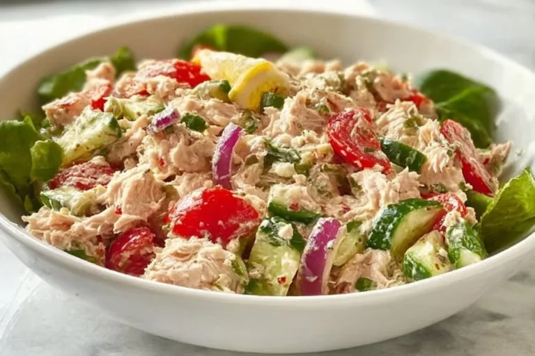 A bowl of simple Mediterranean Tuna Salad with fresh vegetables and olives