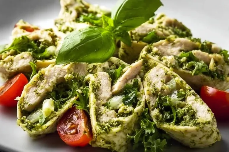 Bowl of simple Pesto Chicken Salad with chicken, pesto, and greens