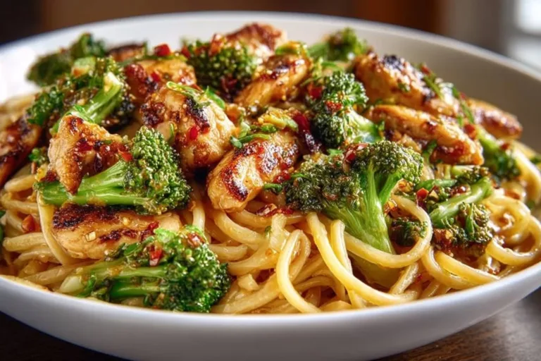 Spicy Garlic Chicken and Broccoli Noodle Bowls Chicken Caesar Bowl of Spicy Garlic Chicken with broccoli and noodles