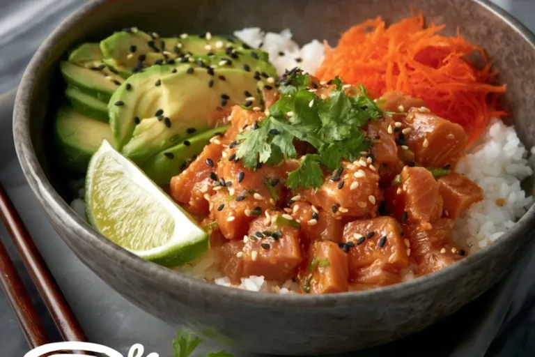 A vibrant Spicy Tuna Sushi Bowl garnished with fresh vegetables and sesame seeds.