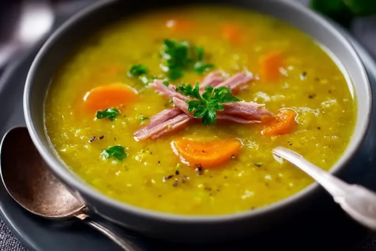 Bowl of creamy split pea soup garnished with herbs and croutons