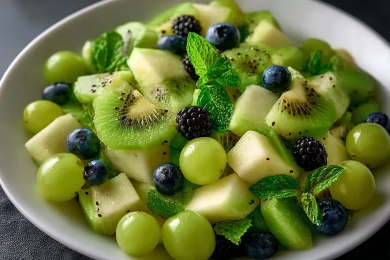 St. Patrick’s Day Green Fruit Salad Cranberry Pistachio Shortbread St. Patrick's Day green fruit salad featuring kiwi, green apples, and grapes.