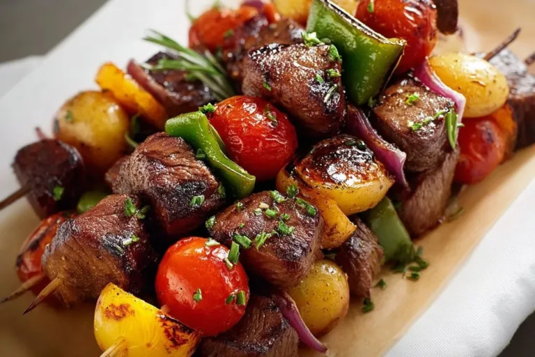 Steak Kabobs Pineapple Chicken Kabobs Delicious grilled steak kabobs served on skewers with colorful vegetables