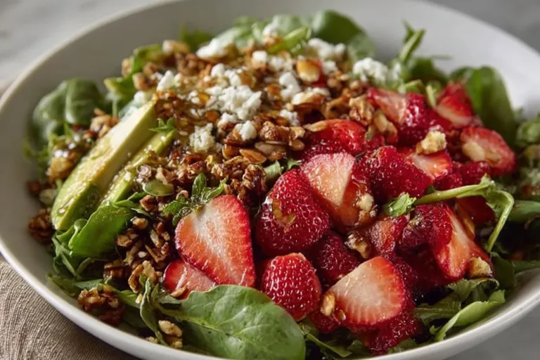 Fresh Strawberry Crunch Salad with Champagne Vinaigrette drizzled on top