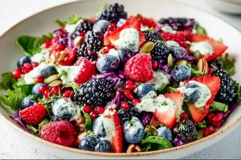 Superfood berry salad with creamy lemon herb dressing garnished with fresh herbs