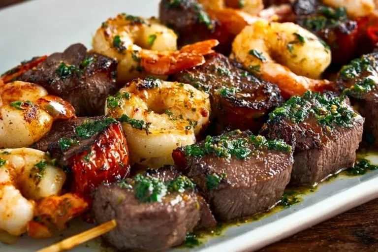 Surf and Turf Kebabs with Chimichurri Sauce Pineapple Chicken Kabobs Surf and Turf Kebabs with Chimichurri Sauce on skewers