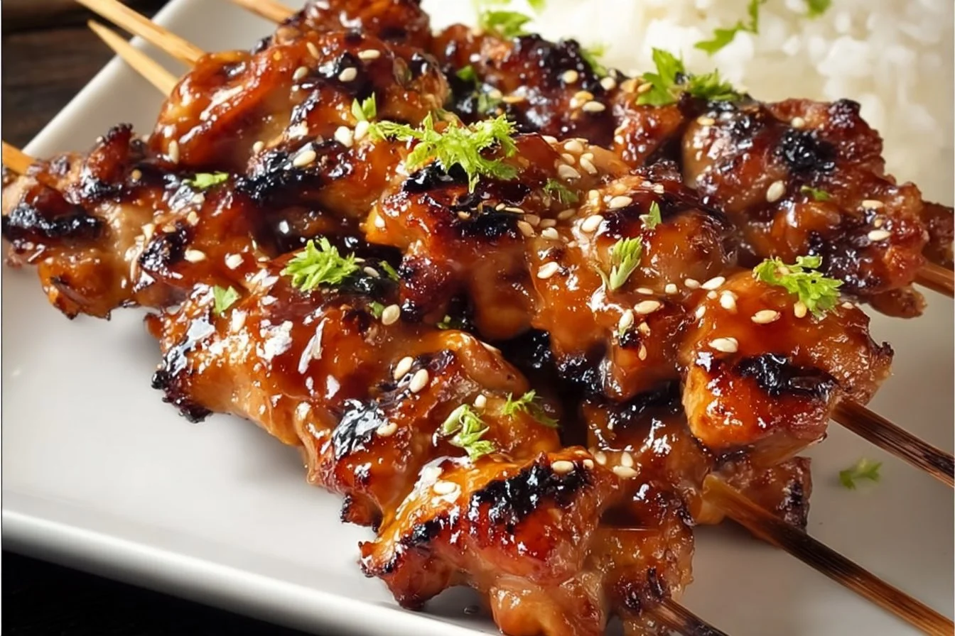 Teriyaki Chicken Skewers teriyaki chicken Grilled teriyaki chicken skewers served with vegetables on a plate