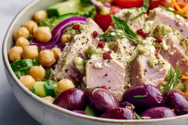 Healthy Tuna Chickpea Protein Bowl topped with fresh vegetables and herbs
