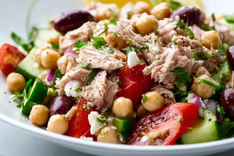 Healthy Tuna Chickpea Salad Bowl topped with fresh vegetables and herbs.