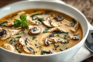 Bowl of clean chicken mushroom soup perfect for cozy nights