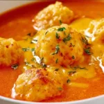 Bowl of wholesome tomato soup topped with cheddar bay dumplings