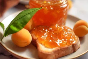 Jar of homemade apricot jam on a wooden table