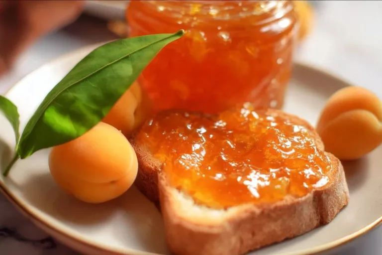 Jar of homemade apricot jam on a wooden table