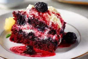 Delicious black raspberry cake topped with fresh berries and cream
