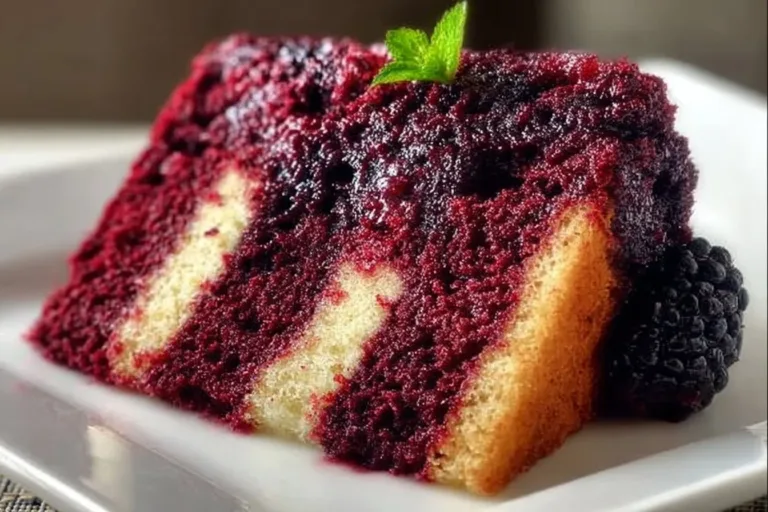 Delicious homemade Black Raspberry Cake beautifully displayed on a serving plate.
