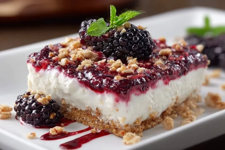 Delicious Blackberry Pretzel Dessert with creamy filling and pretzel crust.