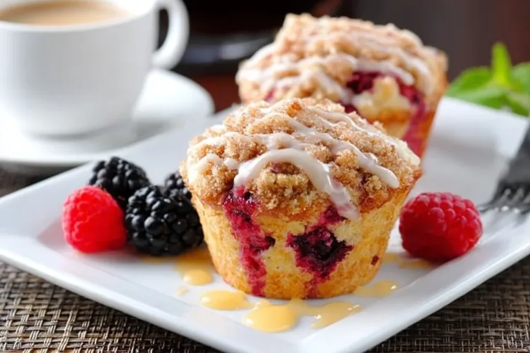 Blackberry Raspberry Coffee Cake Muffins coffee cake muffins Delicious Blackberry Raspberry Coffee Cake Muffins on a plate