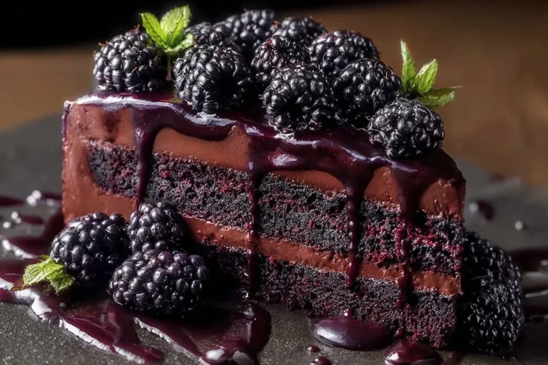 Slice of dark chocolate blackberry cake garnished with fresh blackberries and chocolate shavings.