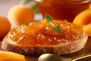 Homemade easy apricot jam in a jar with fresh apricots and a spoon