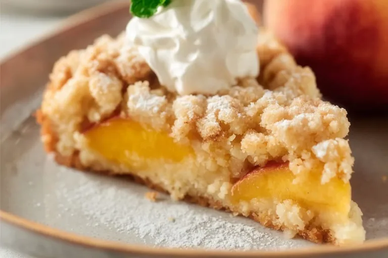 Slice of easy Italian peach crumb cake topped with crunchy crumb topping