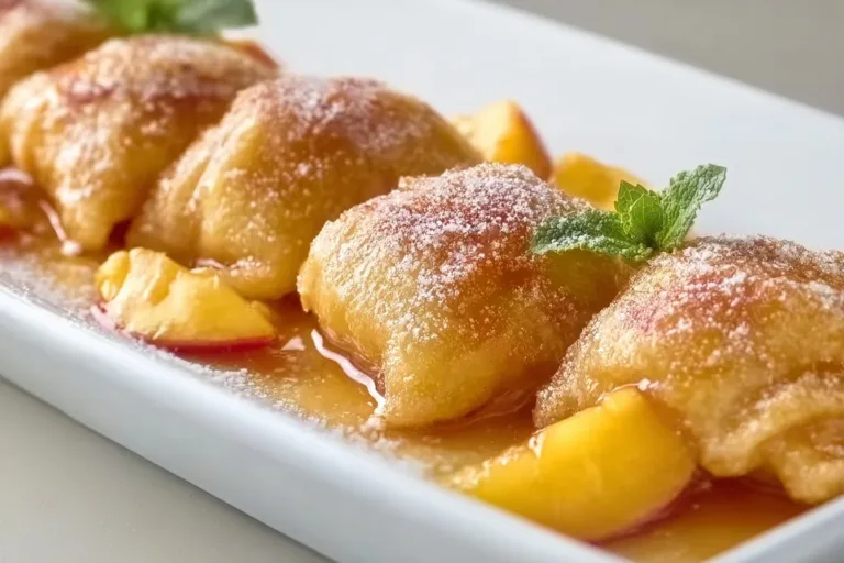 Homemade easy peach dumplings freshly baked and served with a sprinkle of cinnamon.