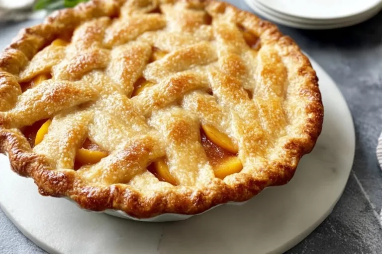 Slice of easy peach pie made with canned peaches on a plate