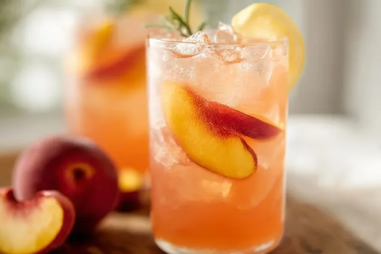 Homemade Peach Lemonade peach lemonade Refreshing homemade peach lemonade in a glass with fresh peaches