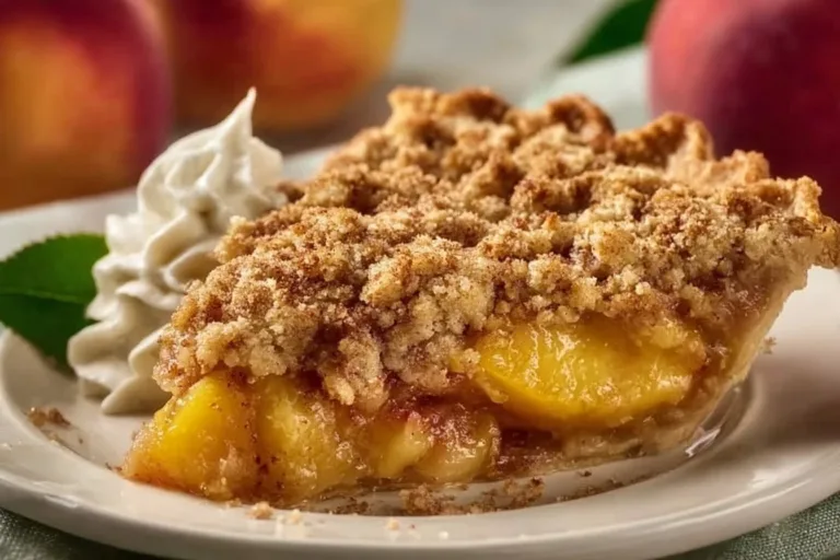 Delicious Peach Crumble Pie with golden crumble topping and fresh peaches