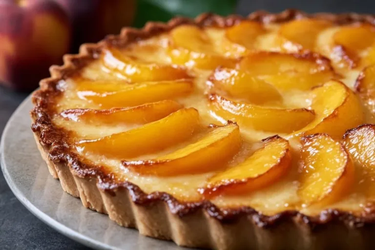 Delicious Peach Custard Pie with fresh peaches and creamy custard filling.