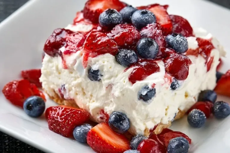 Delicious Red White and Blue Cheesecake Salad with fresh berries and creamy layers